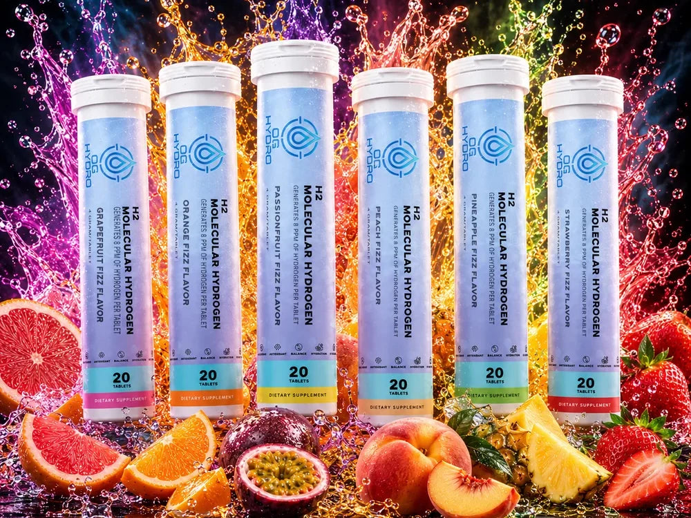 All six OG Hydro tablet flavours with their fruit