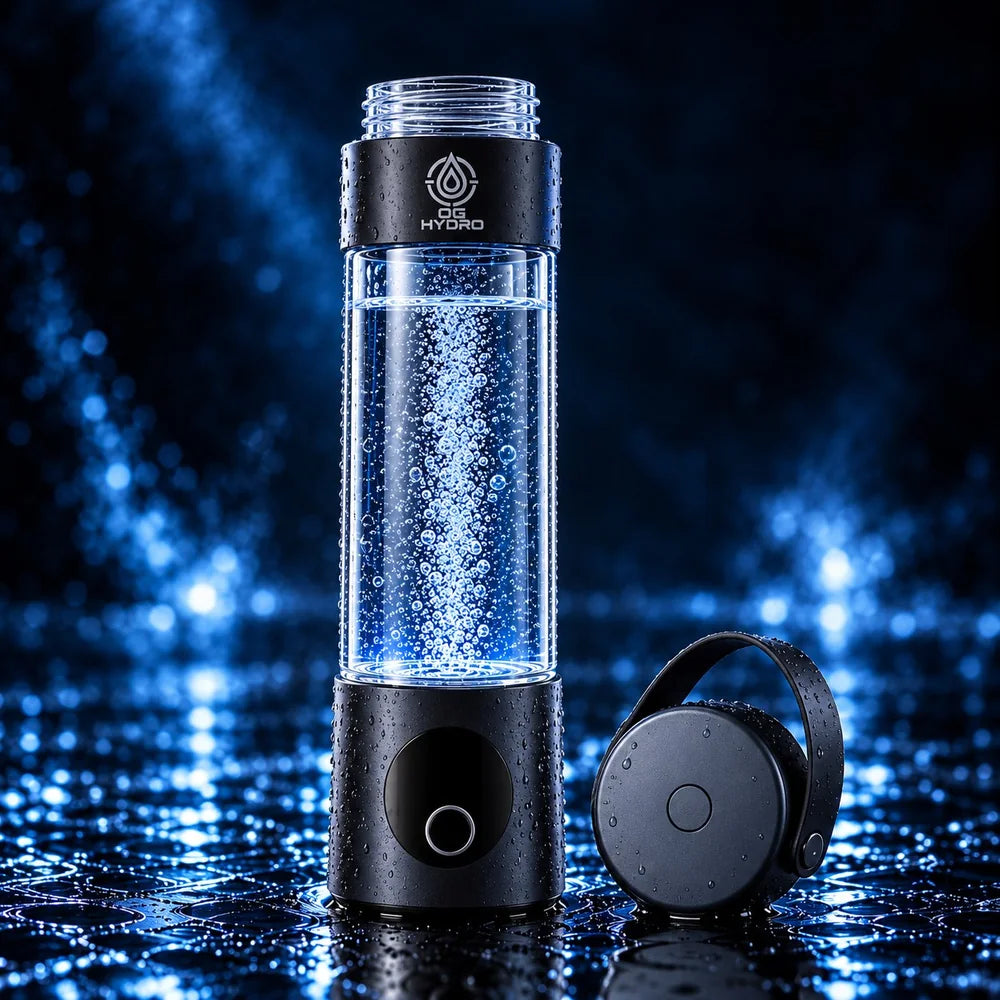 The OG Hydro Bottle with its lid off, showing the threaded neck above the logo collar