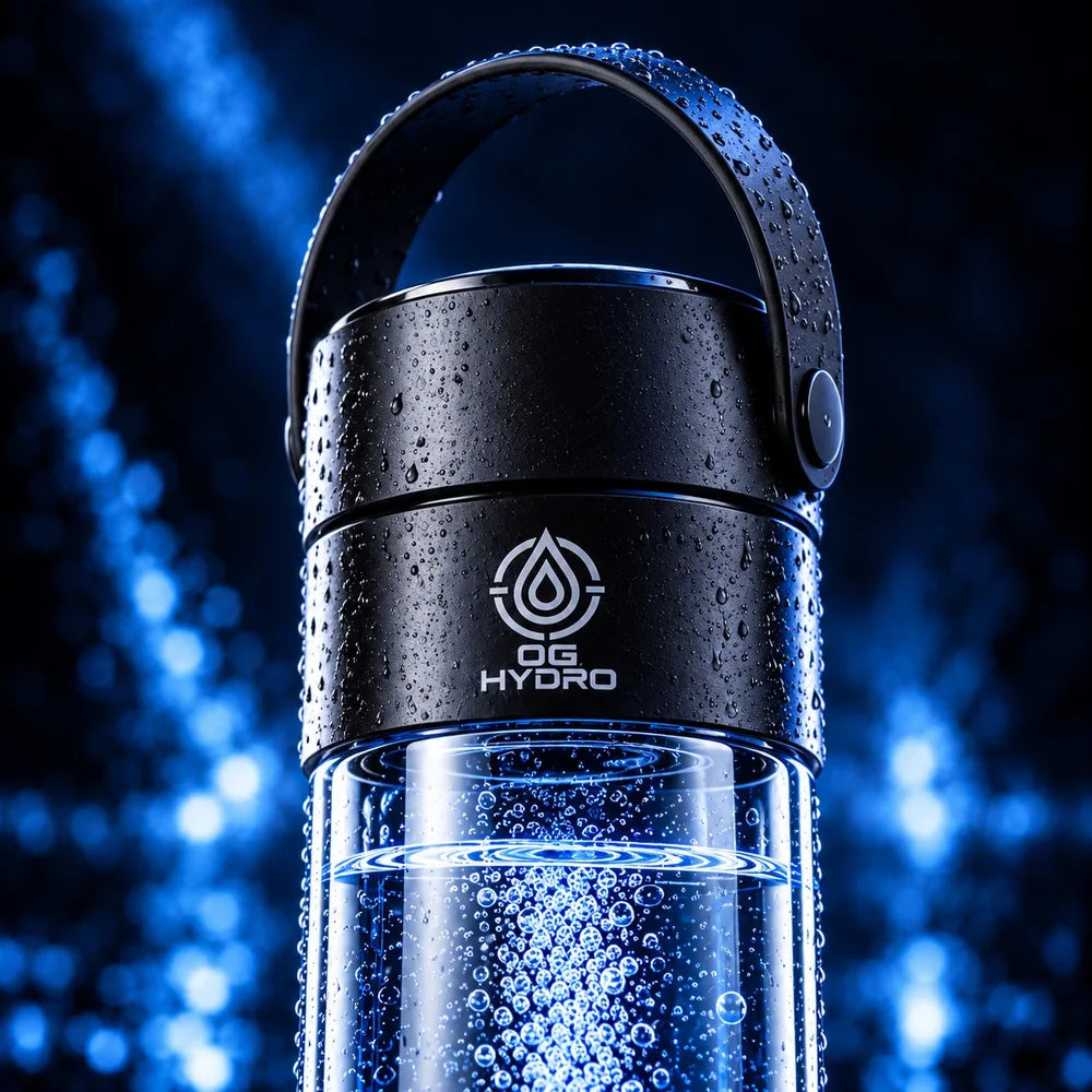 Close-up of the OG Hydro Bottle lid, strap handle and logo collar