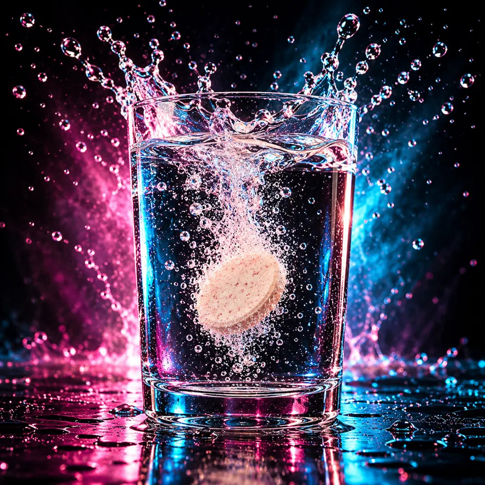 A tablet dropping into a glass of water