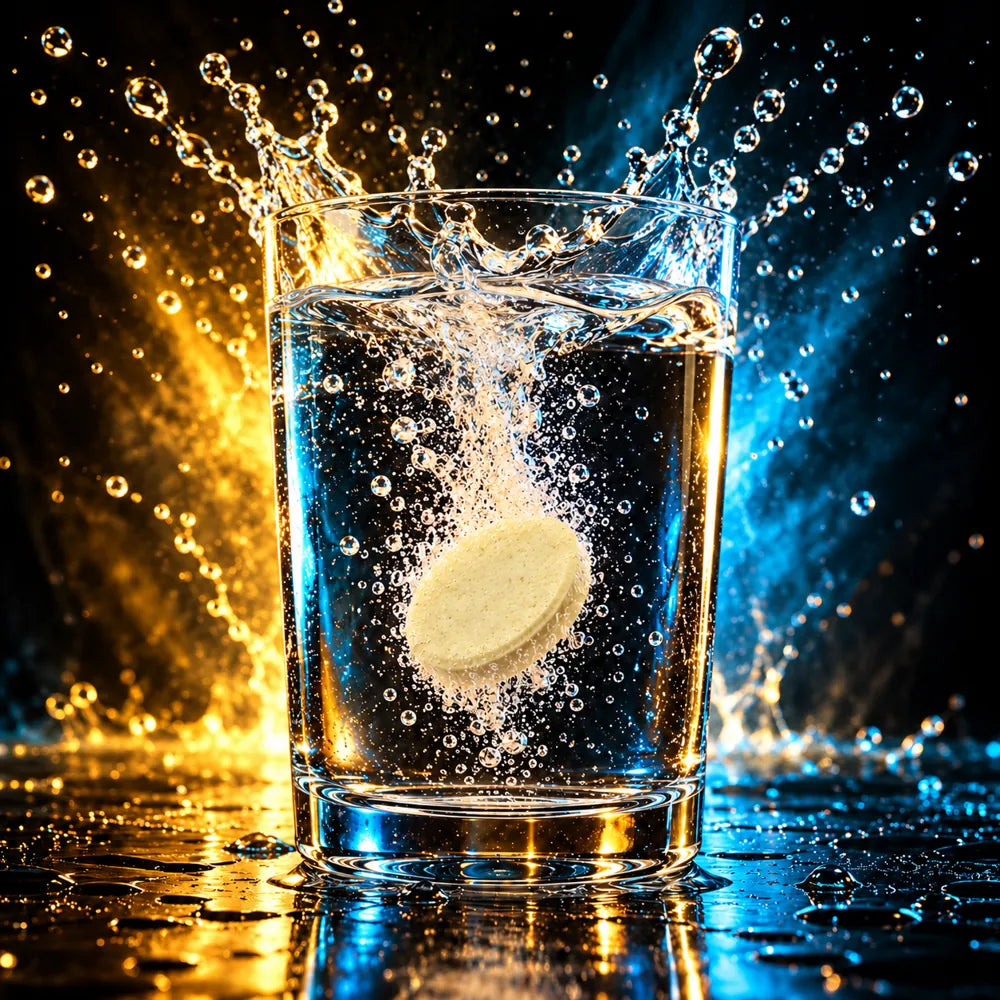 A tablet dropping into a glass of water