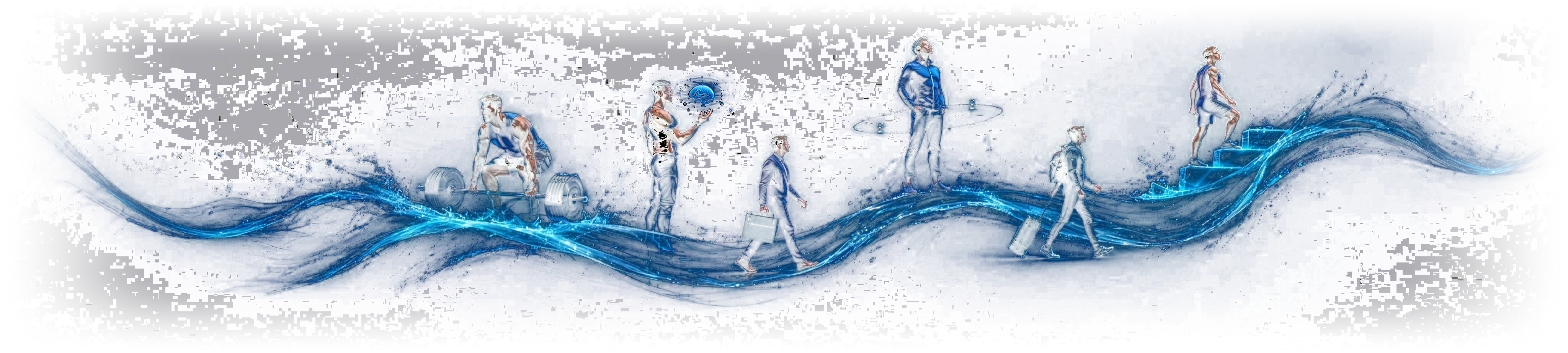 Six people — a lifter, a biohacker, a professional, a longevity-seeker, a traveler and someone climbing — standing on a glowing wave of water